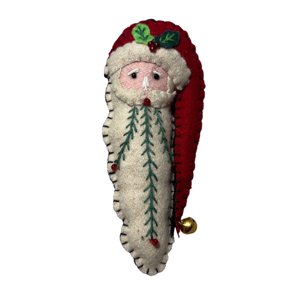 Vintage Red White Handcrafted Felt Embroidered Jingle Bell Santa Claus Pin